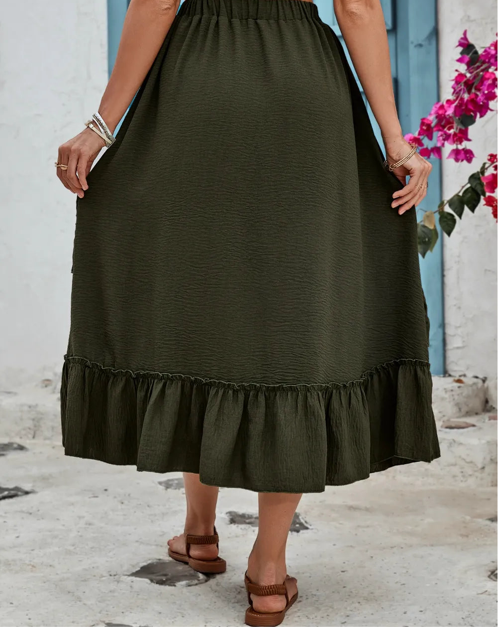 Honey Ruffled Elastic Waist Midi Skirt