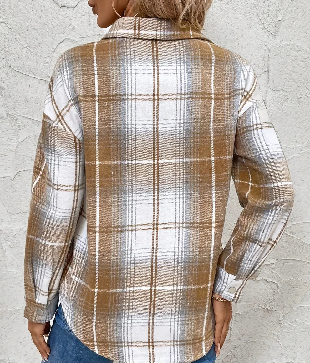Plaid Collared Neck Half Zip Long Sleeve Top