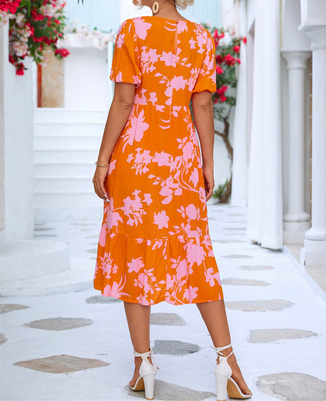 Floral Puff Sleeve Ruffle Hem Midi Dress