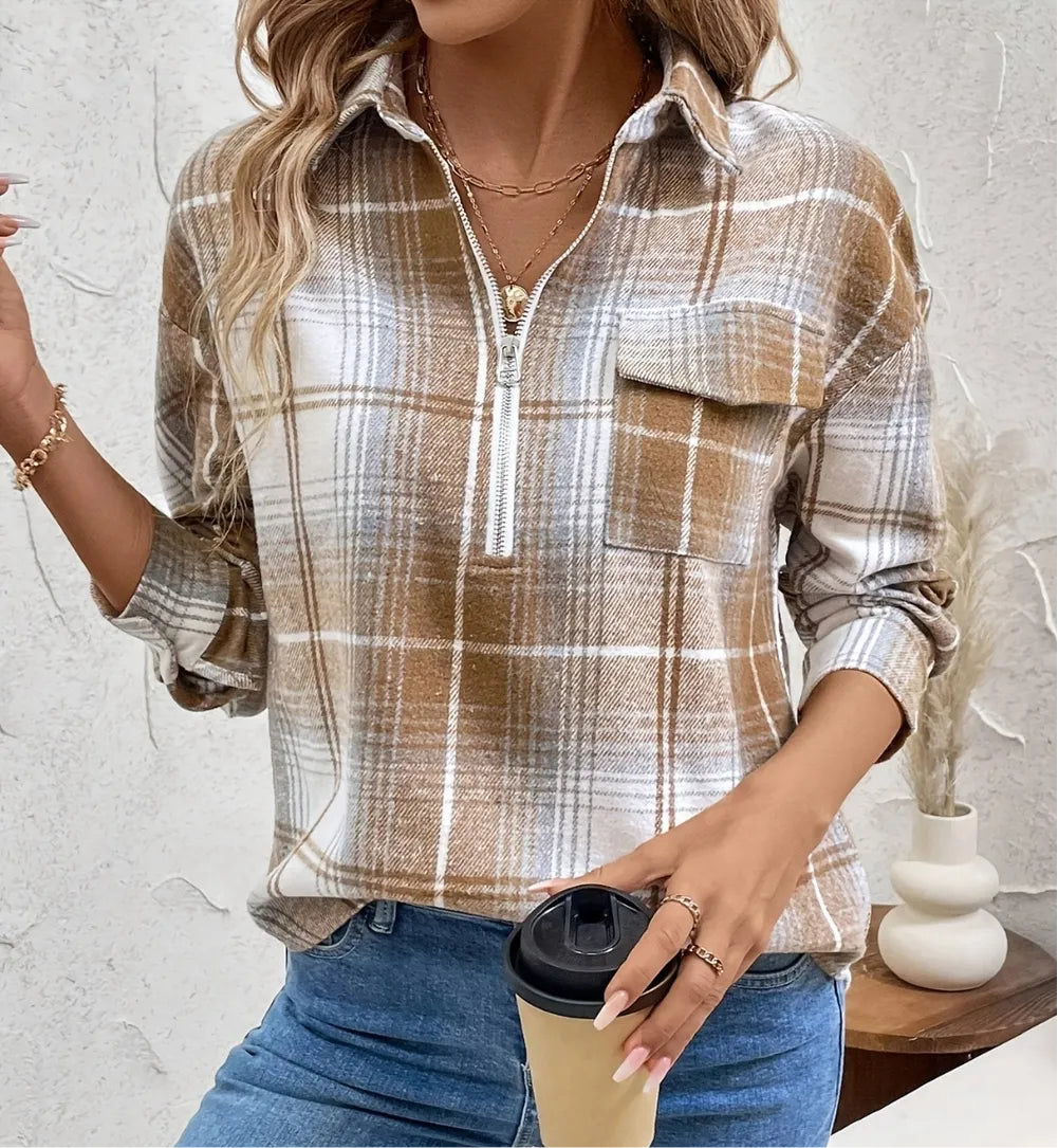 Plaid Collared Neck Half Zip Long Sleeve Top
