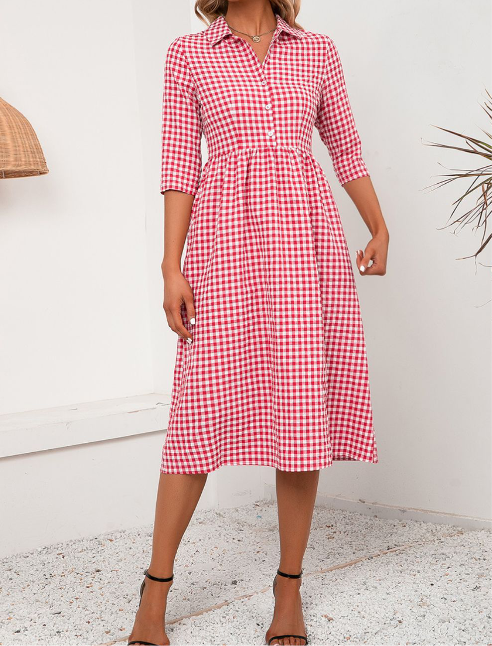 Plaid Collared Neck Midi Dress