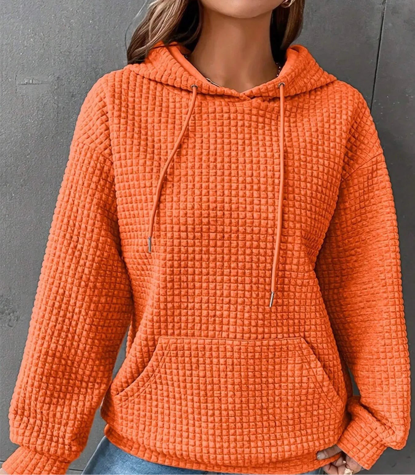 Waffle Knit Drawstring Long Sleeve Hoodie