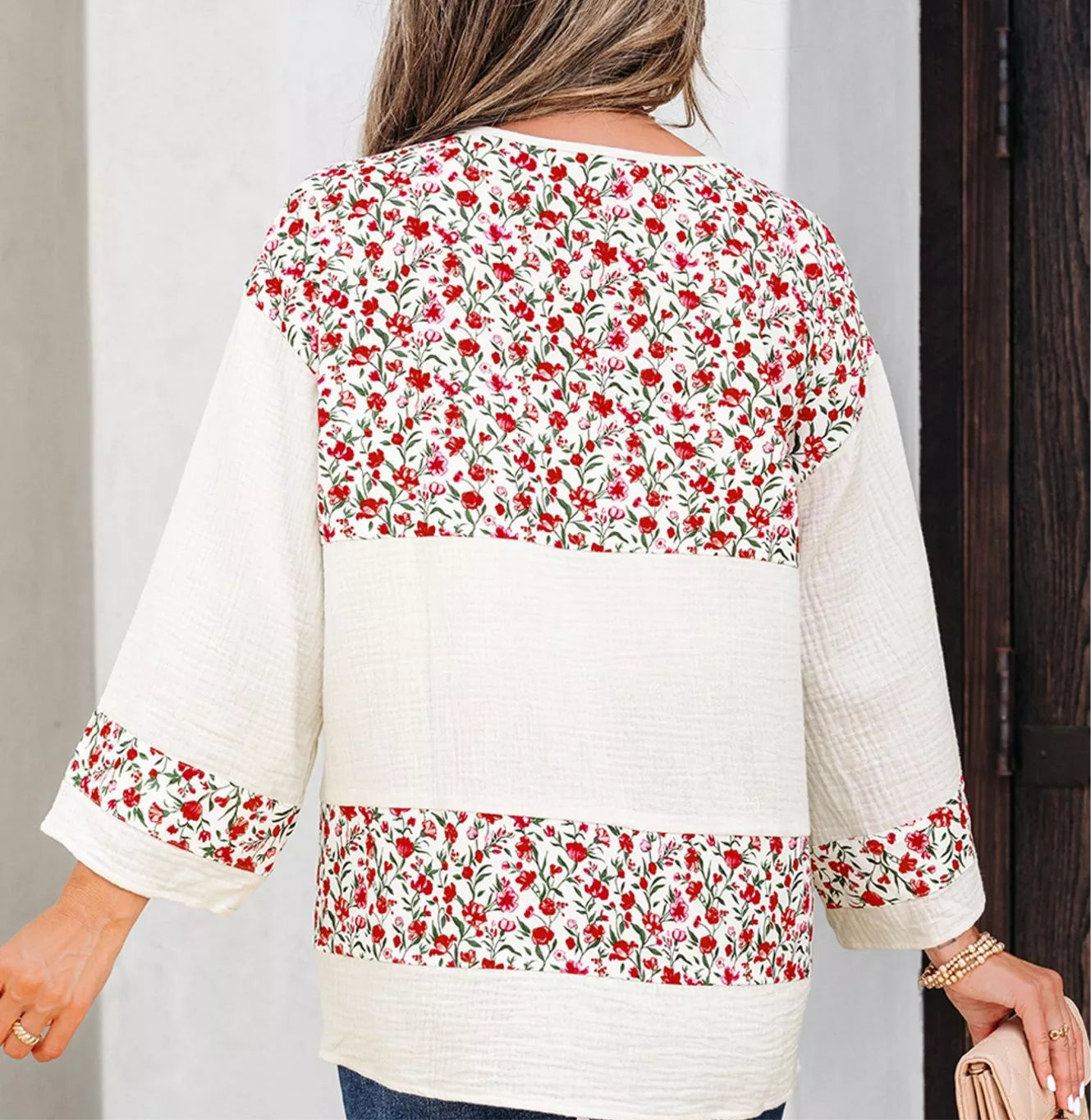 Floral Print Henley Button 3/4 Sleeve Blouse