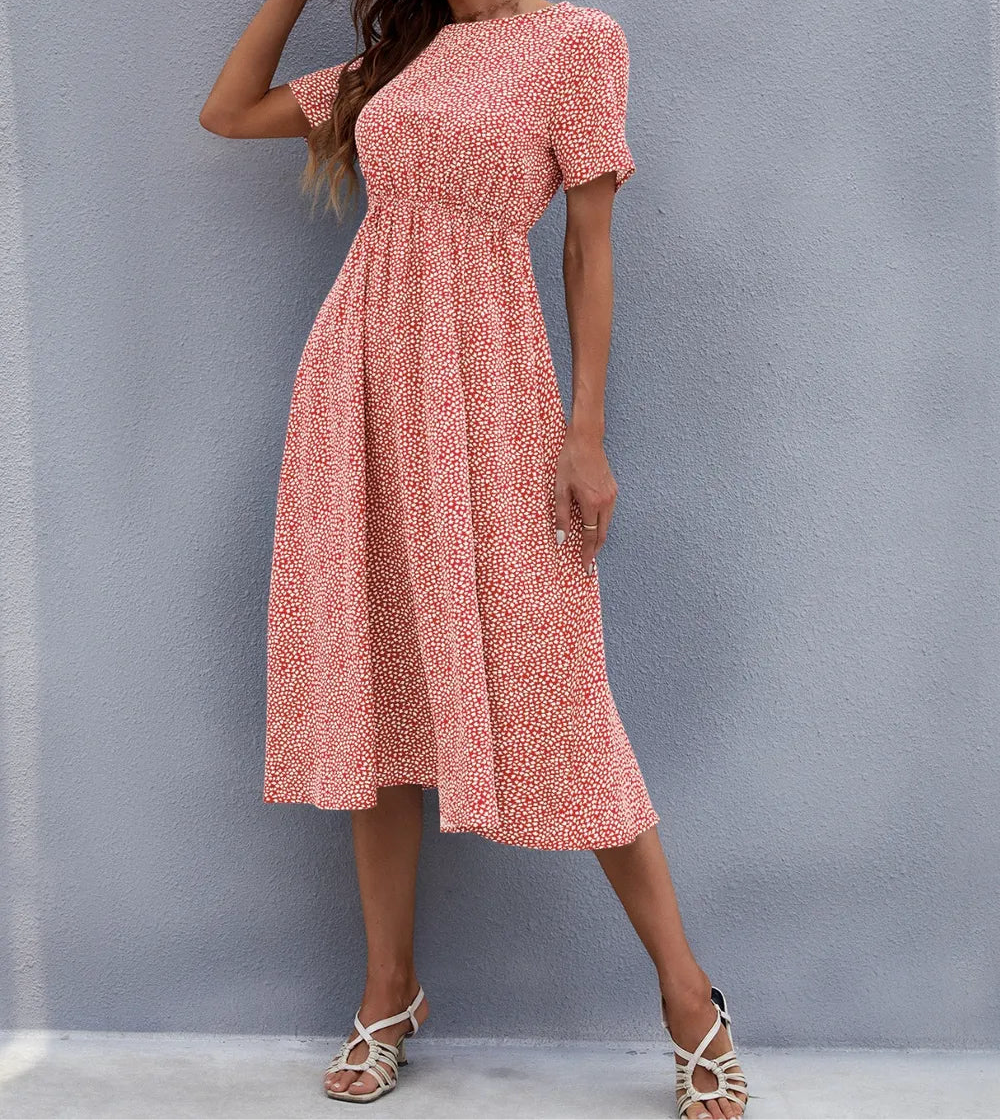 Honey Printed Round Neck Short Sleeve Midi Dress