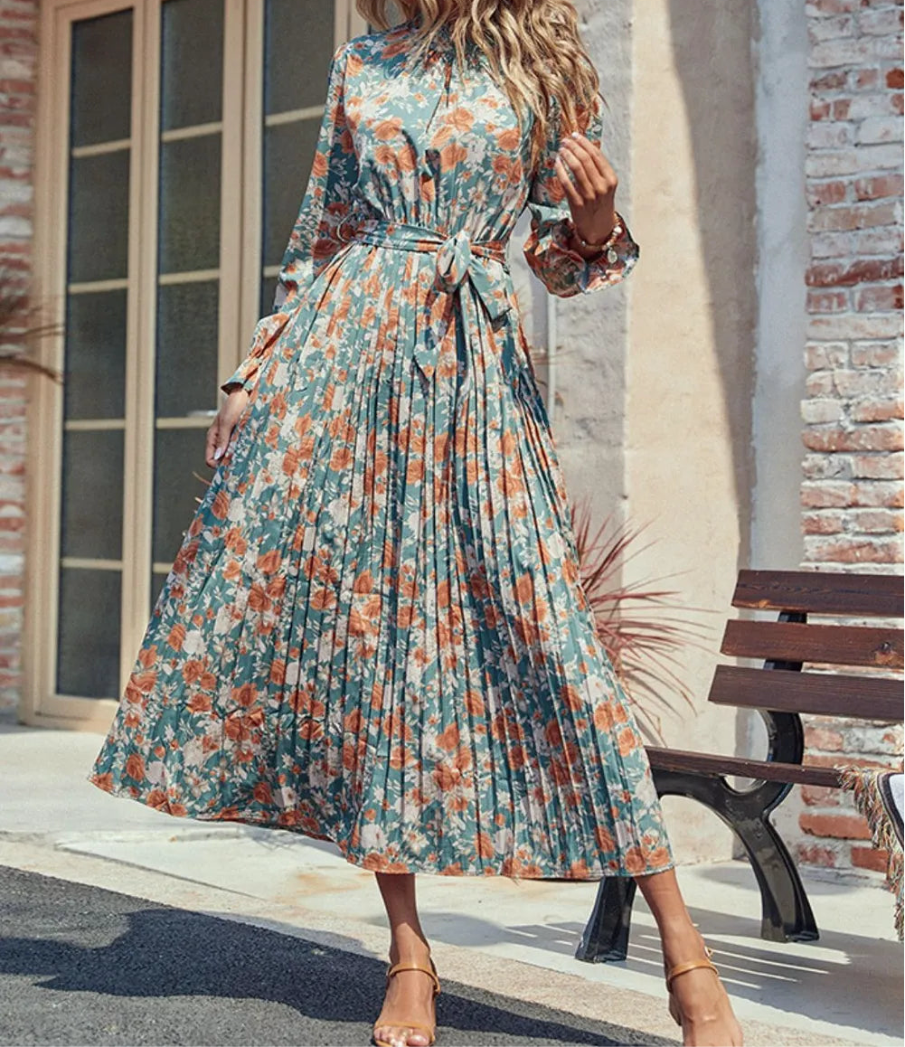 Perfee Tied Pleated Printed Mock Neck Long Sleeve Dress