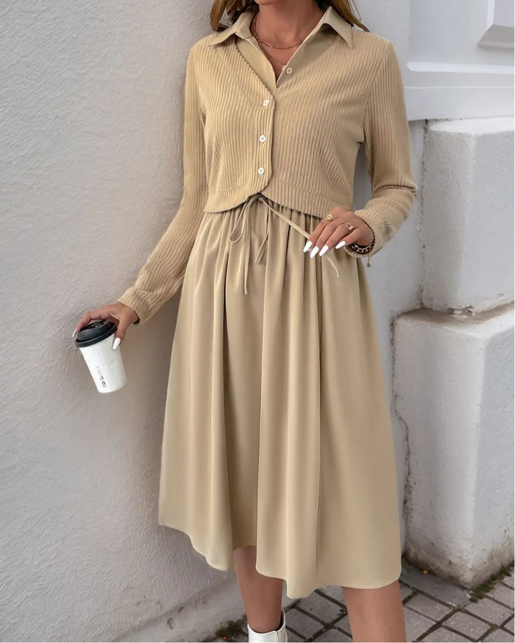 Perfee Fake Two Piece Collared Neck Long Sleeve Midi Dress