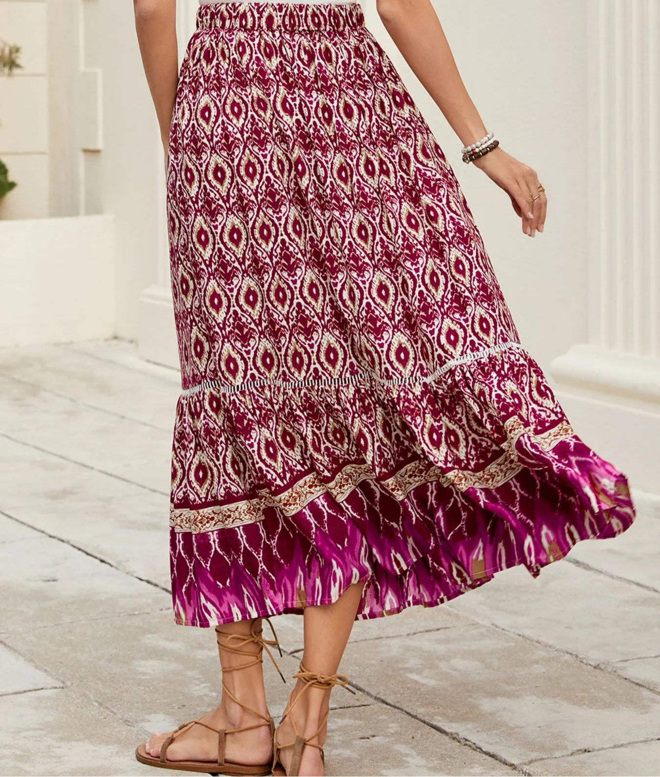 Bohemian Printed Ruched Maxi Skirt