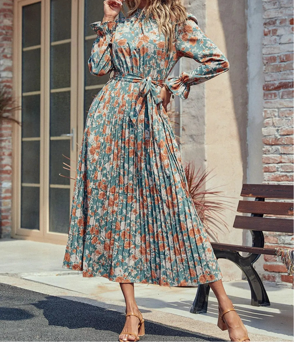 Perfee Tied Pleated Printed Mock Neck Long Sleeve Dress