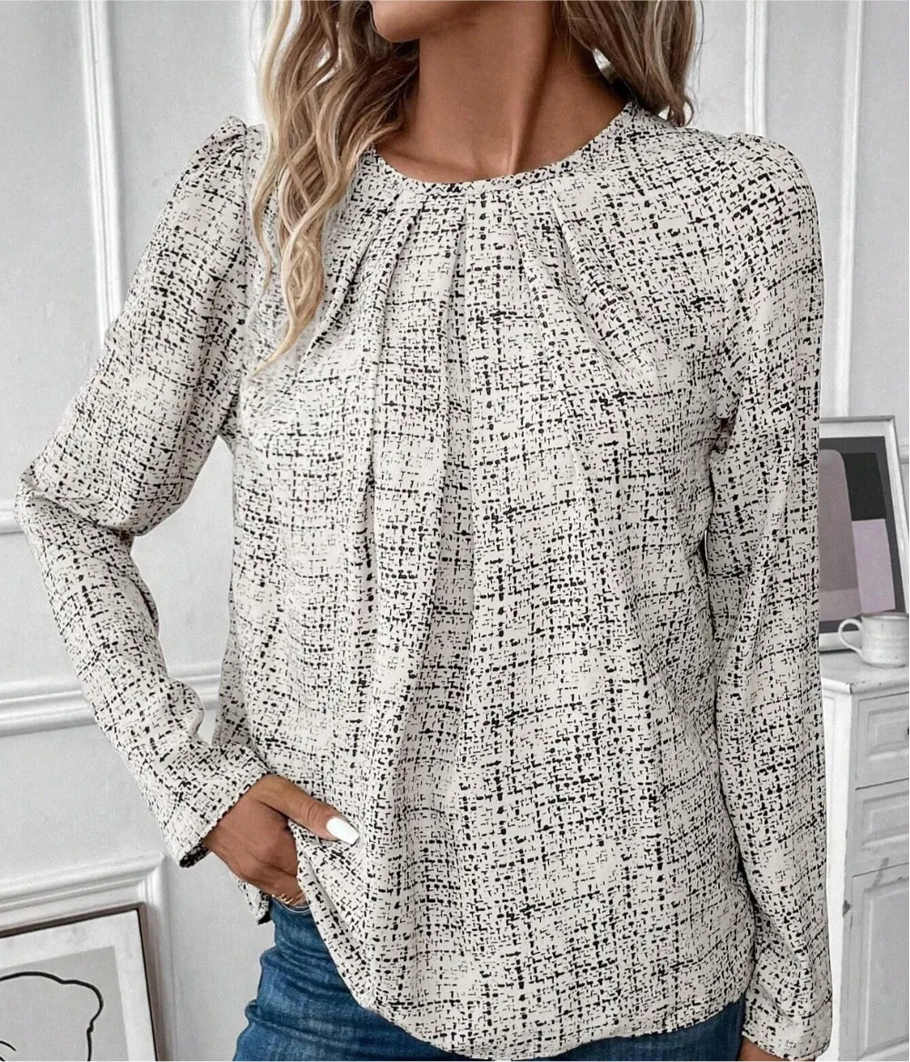 Ruched Round Neck Long Sleeve Blouse