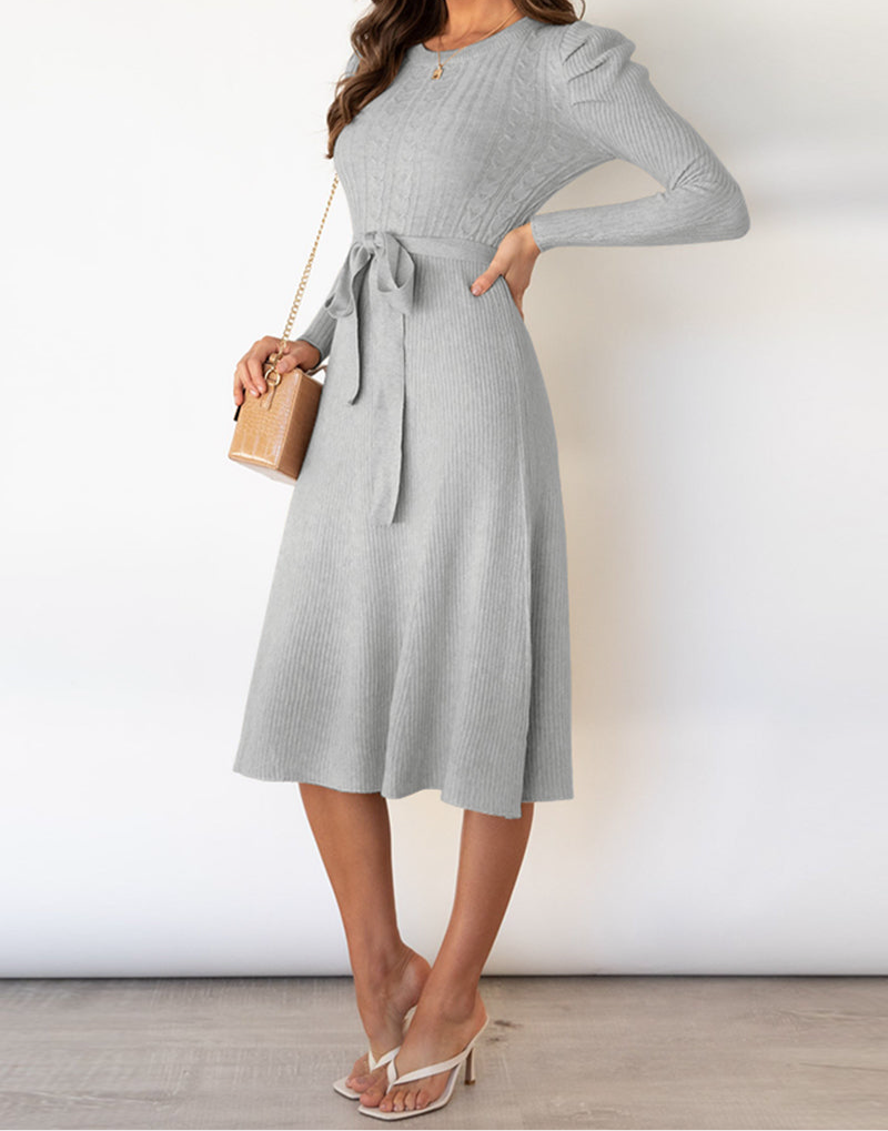 Round Neck Long Sleeve Tie Waist Sweater Dress