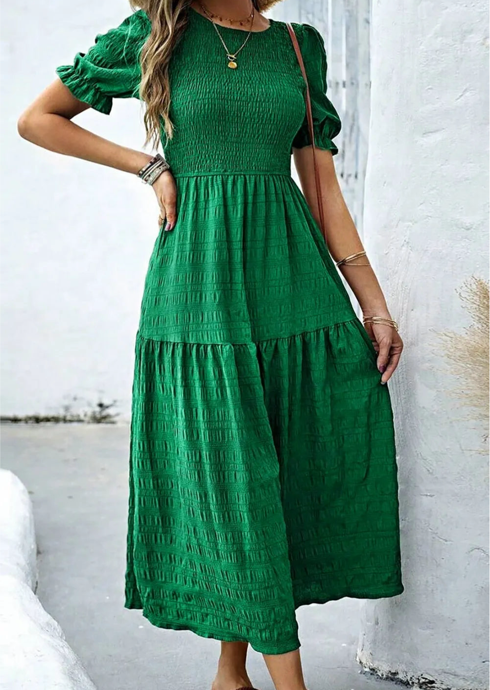 Smocked Puff Sleeve Midi Dress