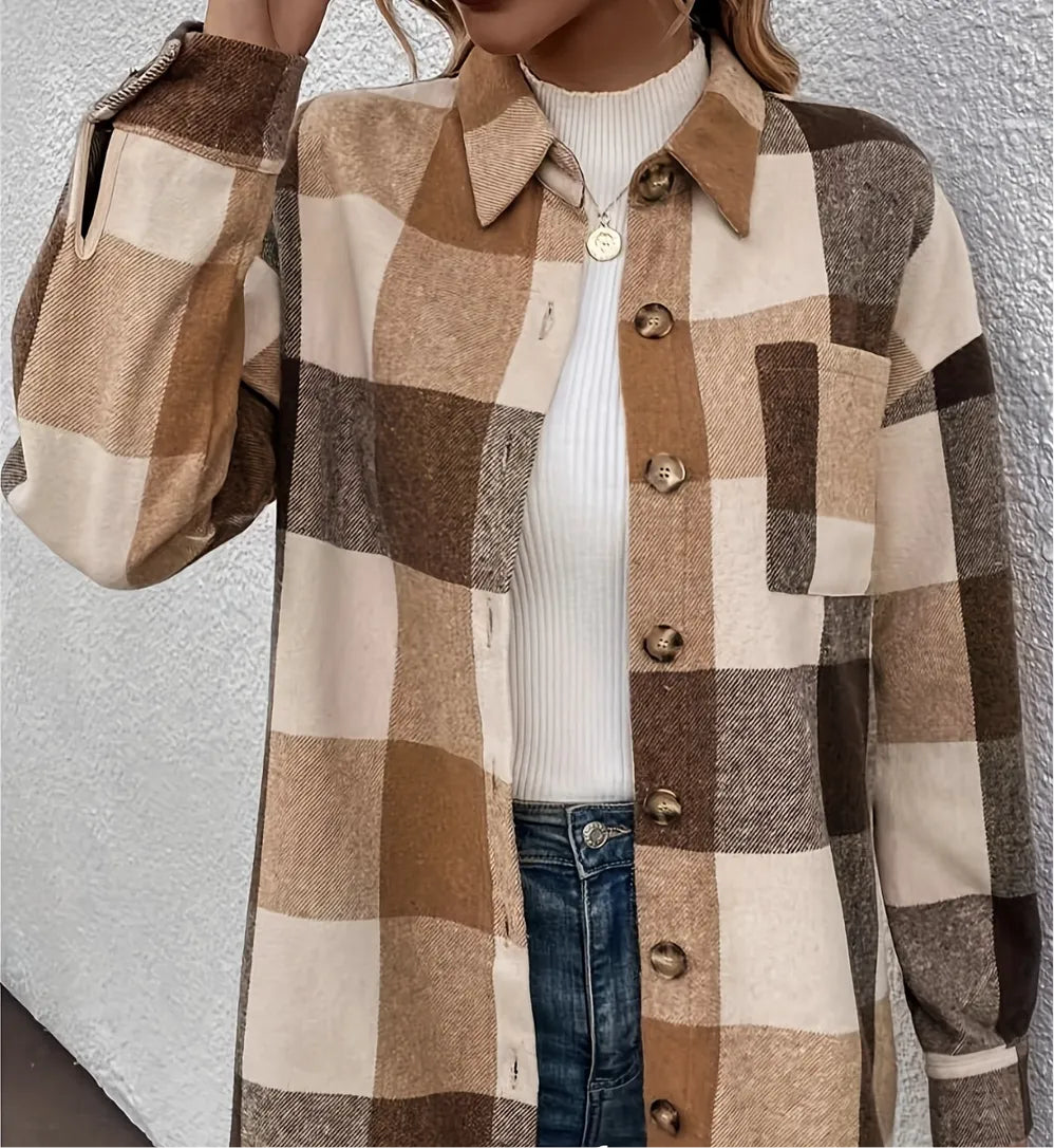 Curved Hem Plaid Collared Neck Shacket