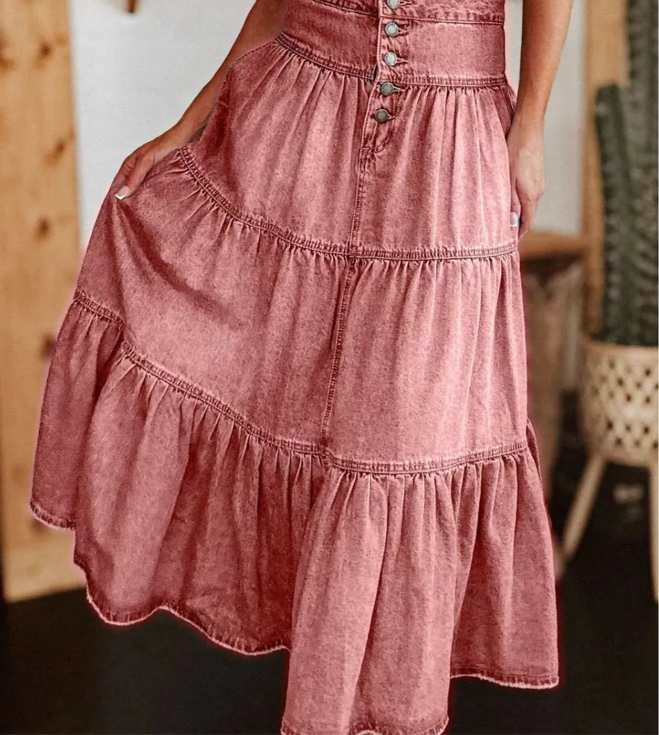 Ruched Button Fly Denim Skirt