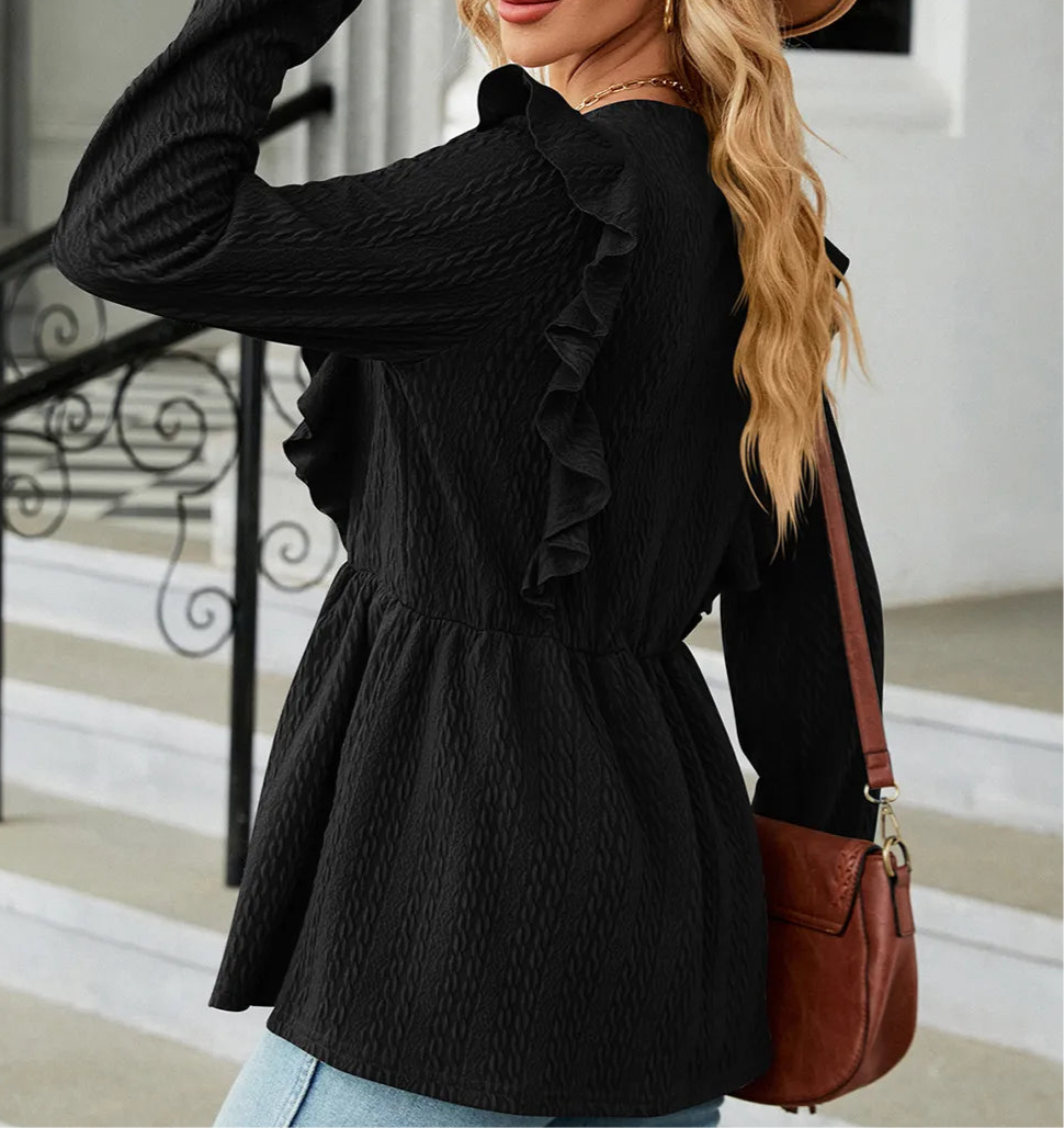 Ruffled Round Neck Balloon Sleeve Blouse