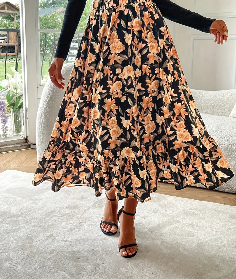 Floral Elastic Waist Midi Skirt