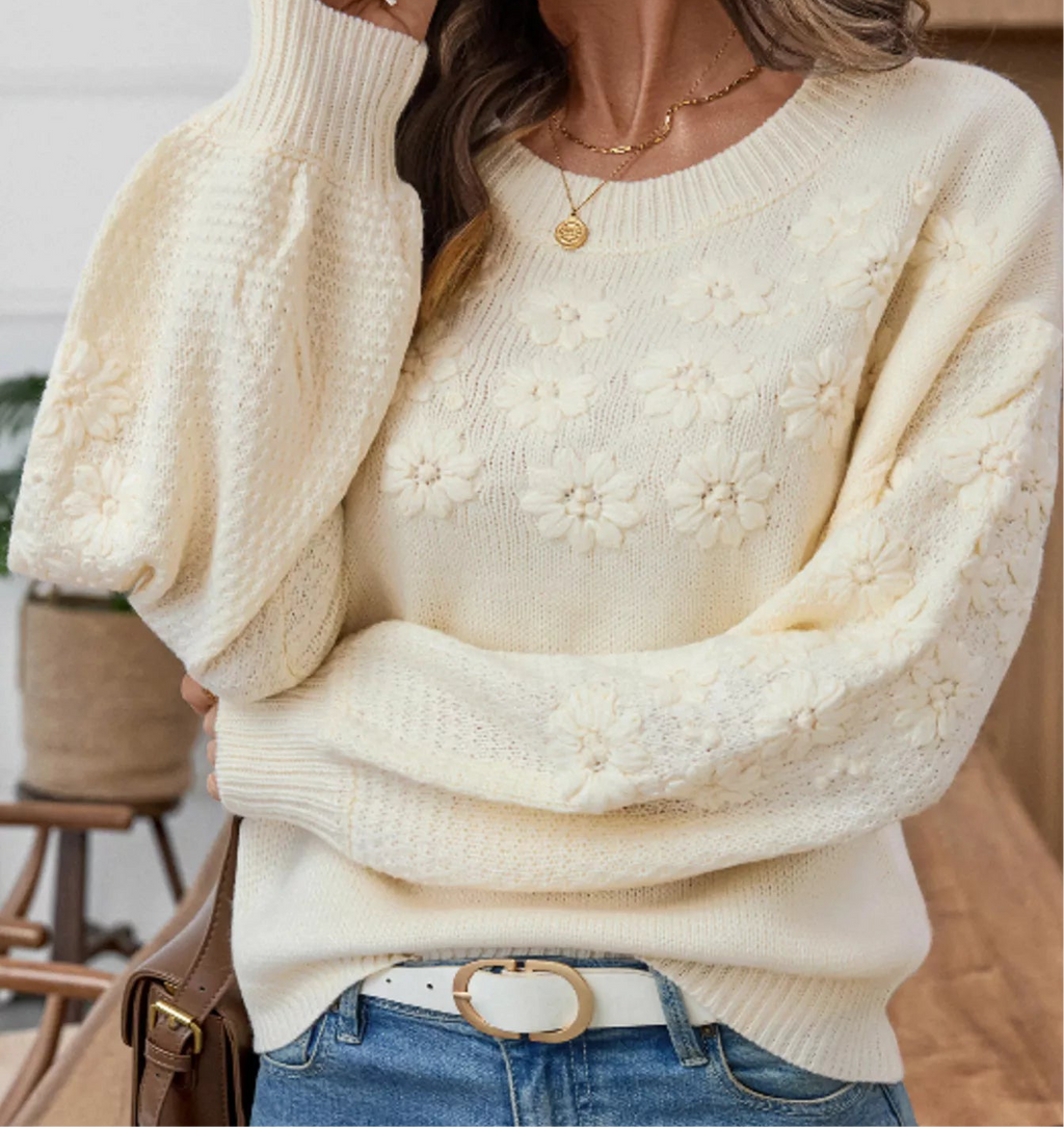 Flower Round Neck Long Sleeve Sweater