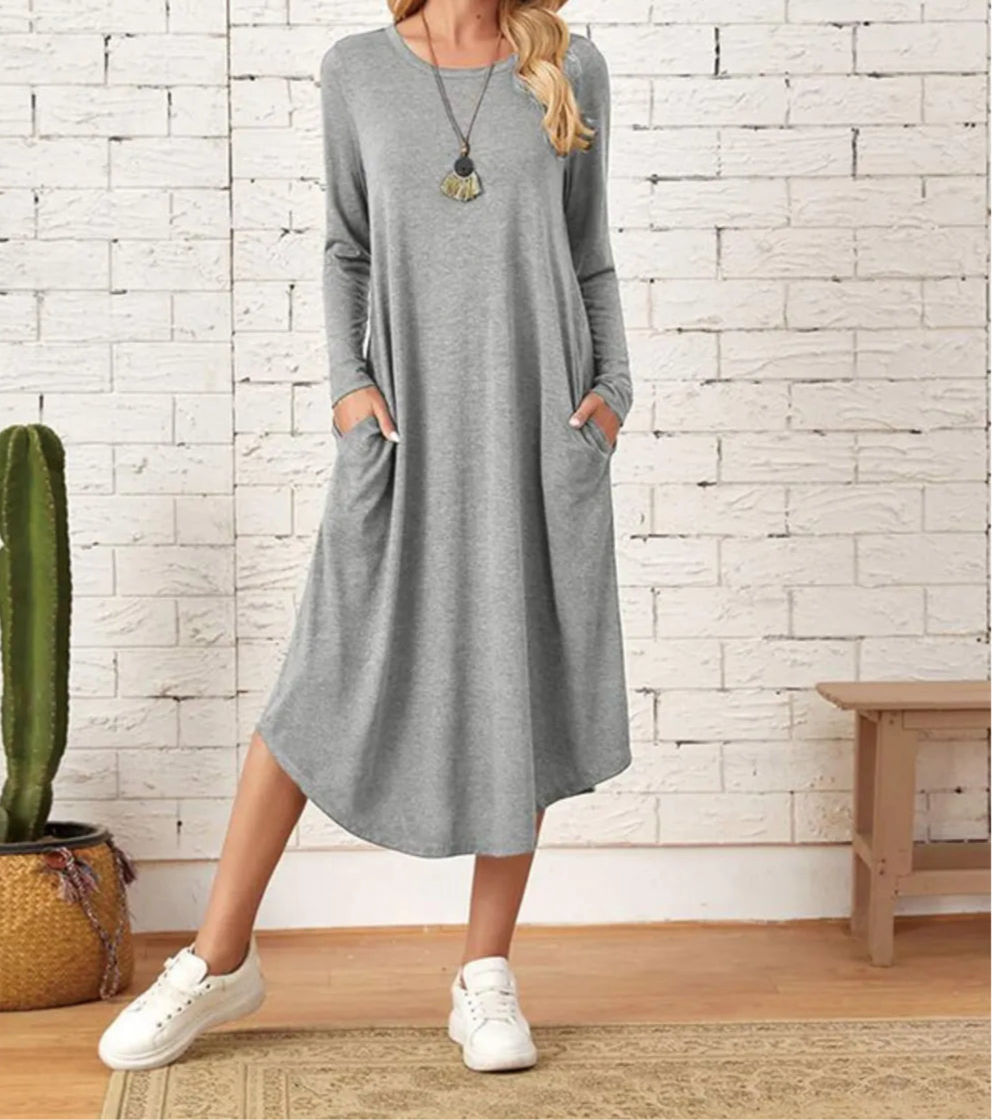 Pocketed Round Neck Long Sleeve Tee Dress