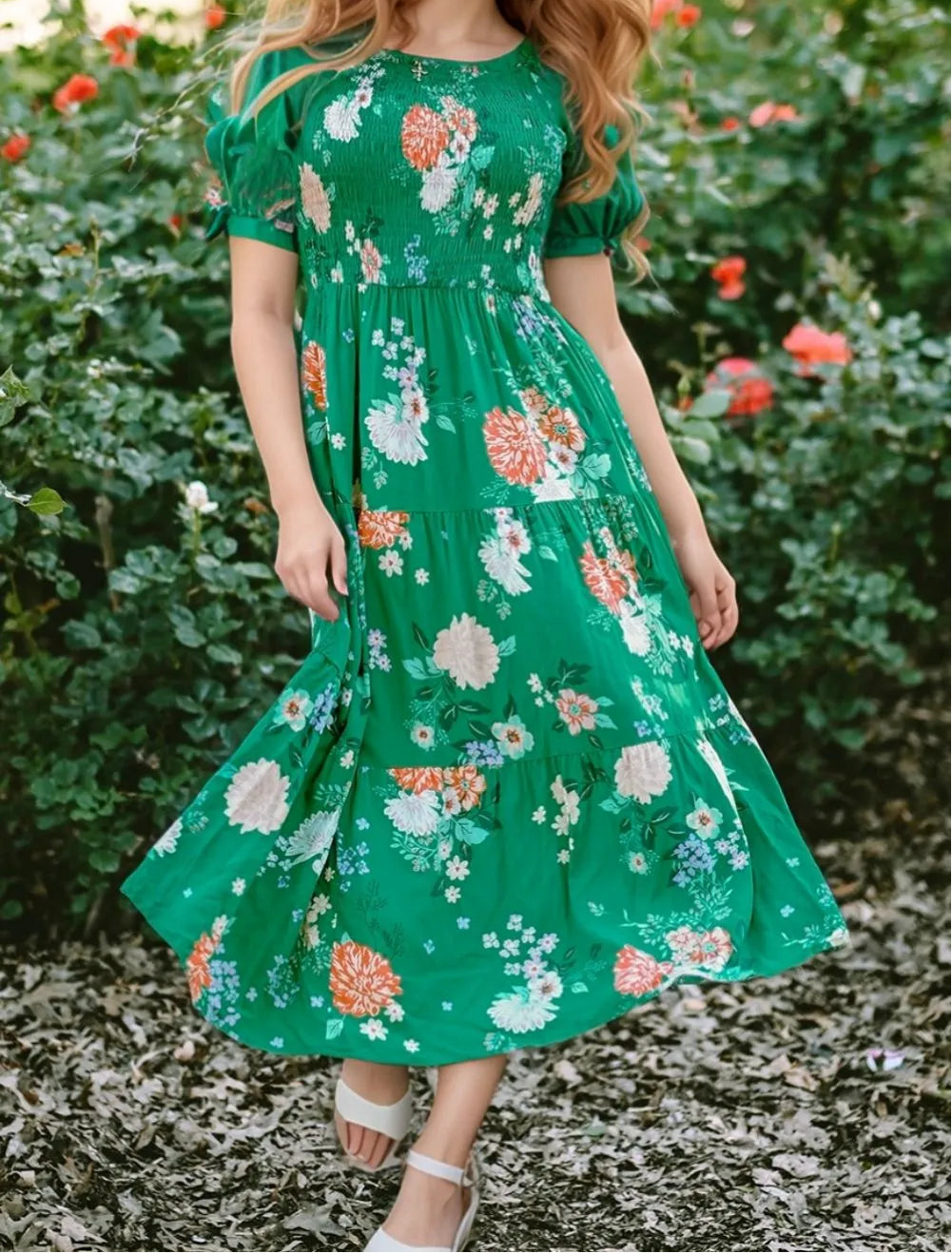 Floral Print Bubble Sleeve Smocked Tiered Midi Dress