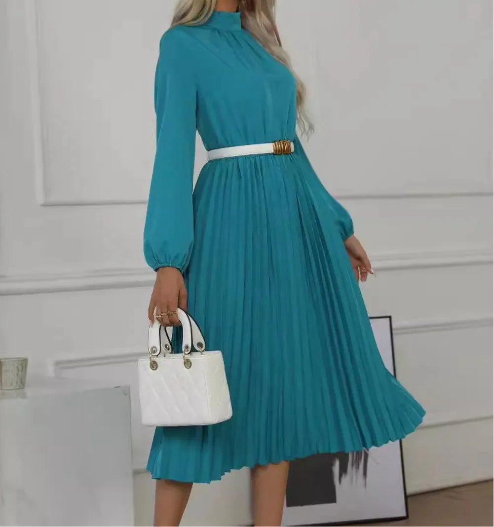 Mock Neck Long Sleeve Pleated Dress