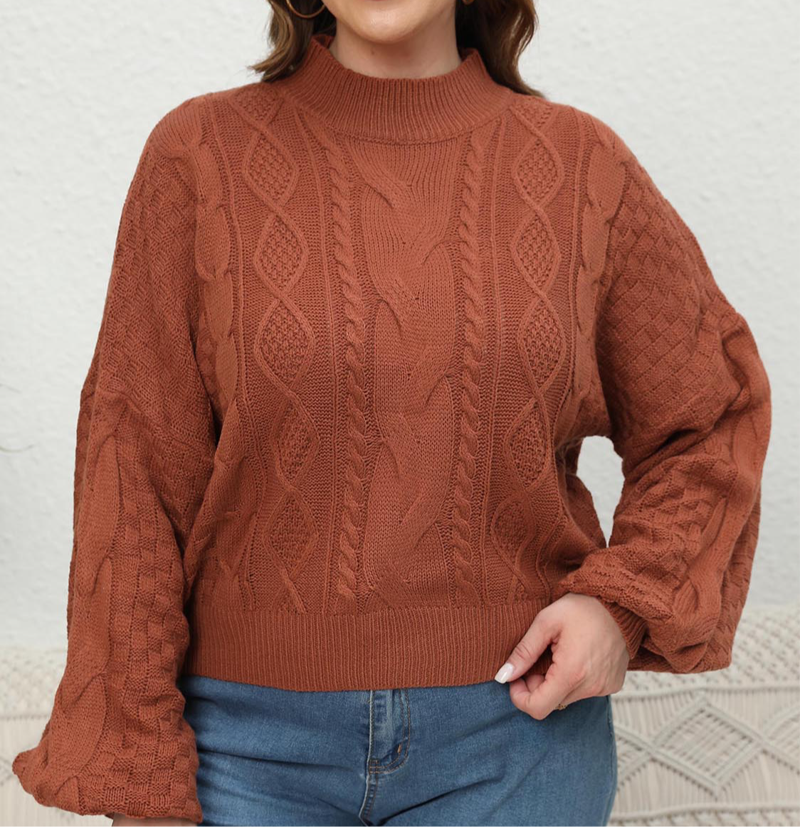 Plus Size Mock Neck Cable Knit Long Sleeve Sweater