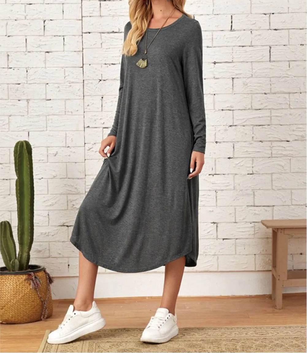 Pocketed Round Neck Long Sleeve Tee Dress