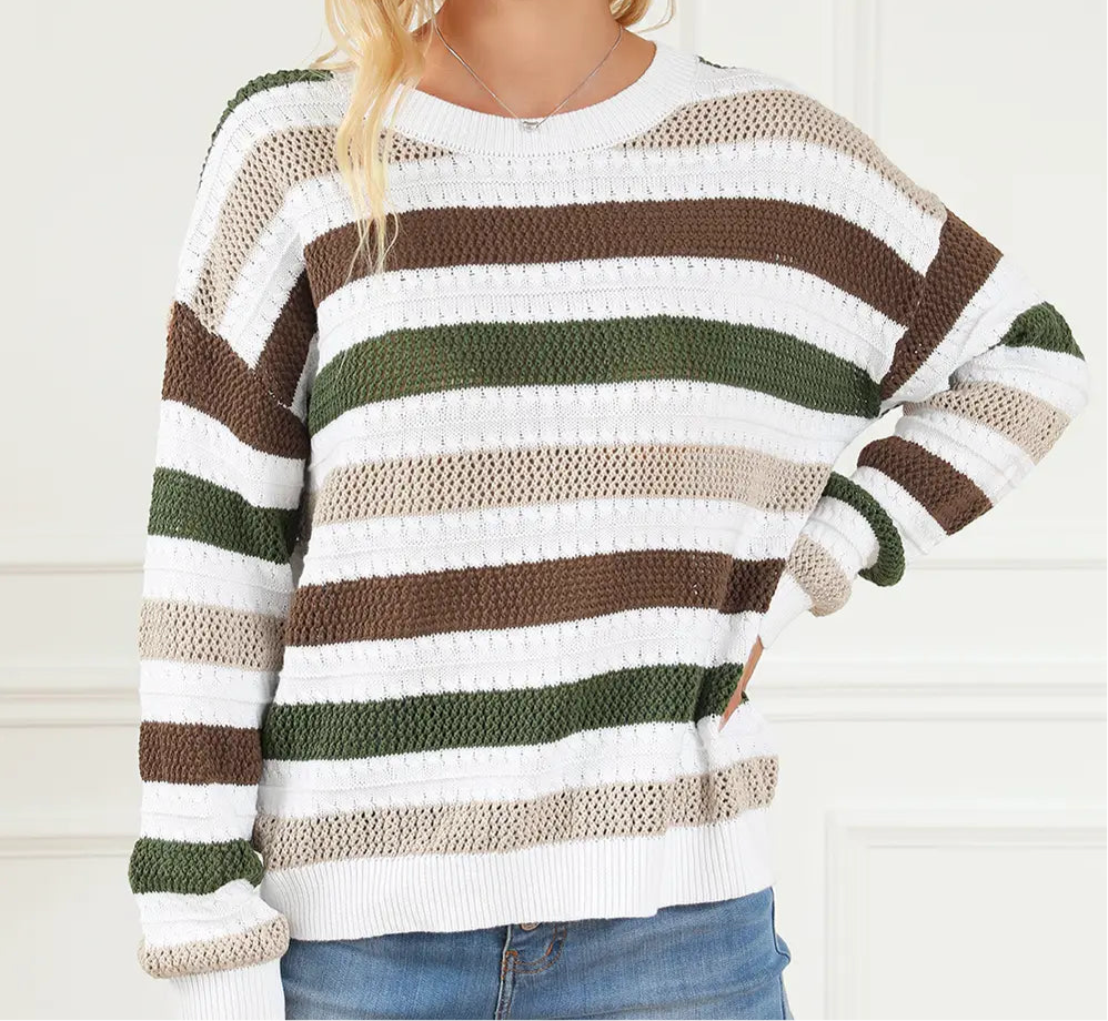 Striped Openwork Dropped Shoulder Sweater