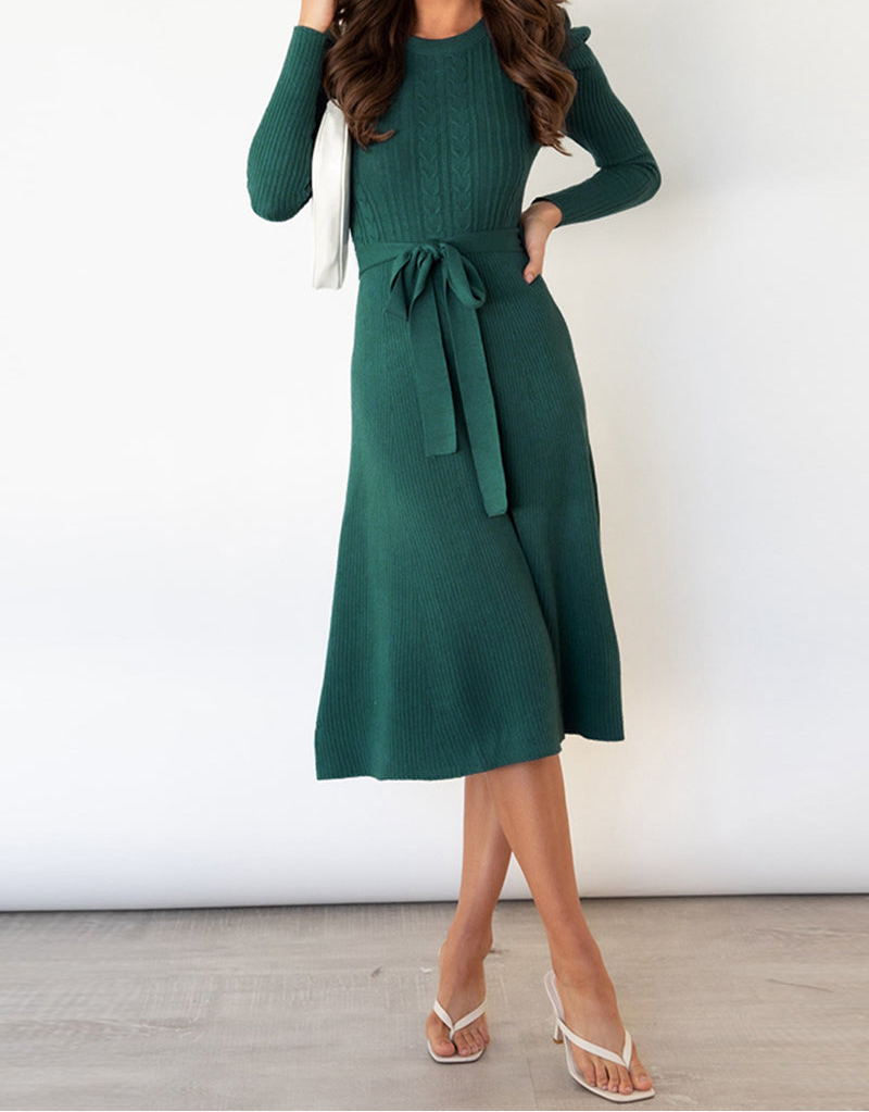 Round Neck Long Sleeve Tie Waist Sweater Dress