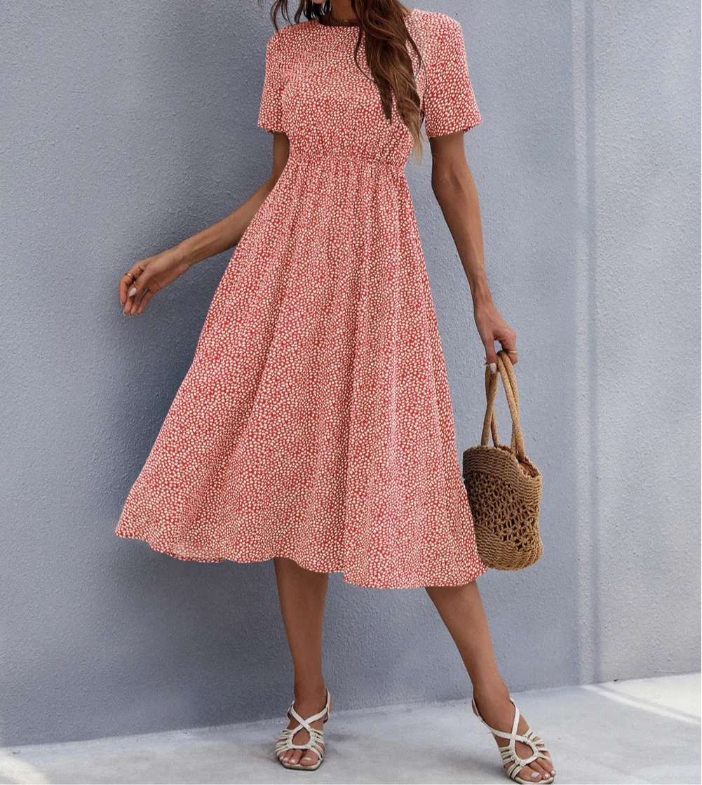 Honey Printed Round Neck Short Sleeve Midi Dress