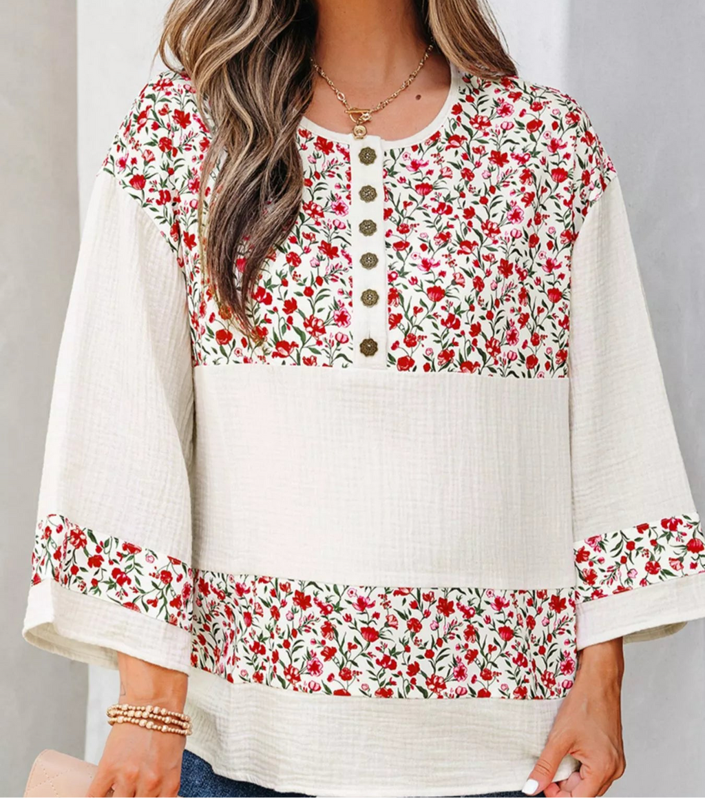 Floral Print Henley Button 3/4 Sleeve Blouse