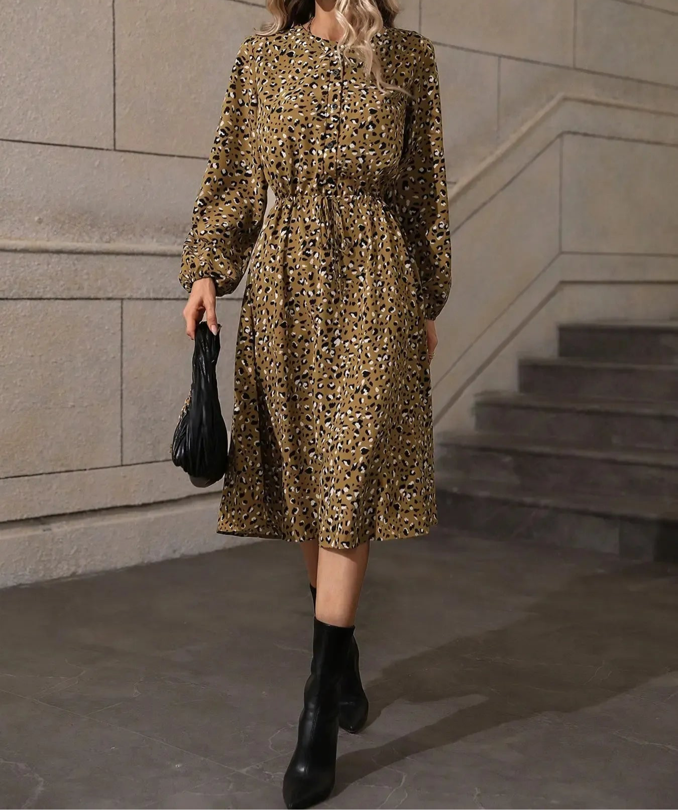 Printed Long Sleeve Midi Dress