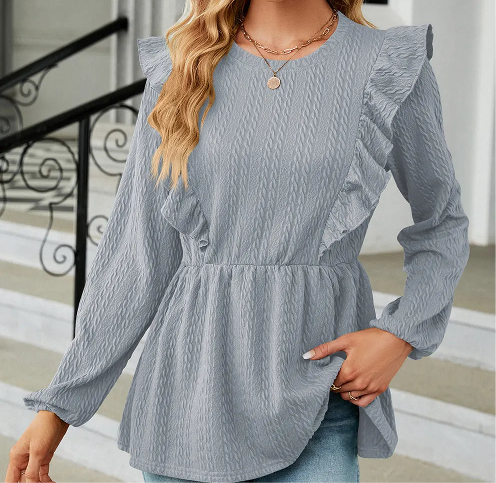 Ruffled Round Neck Balloon Sleeve Blouse