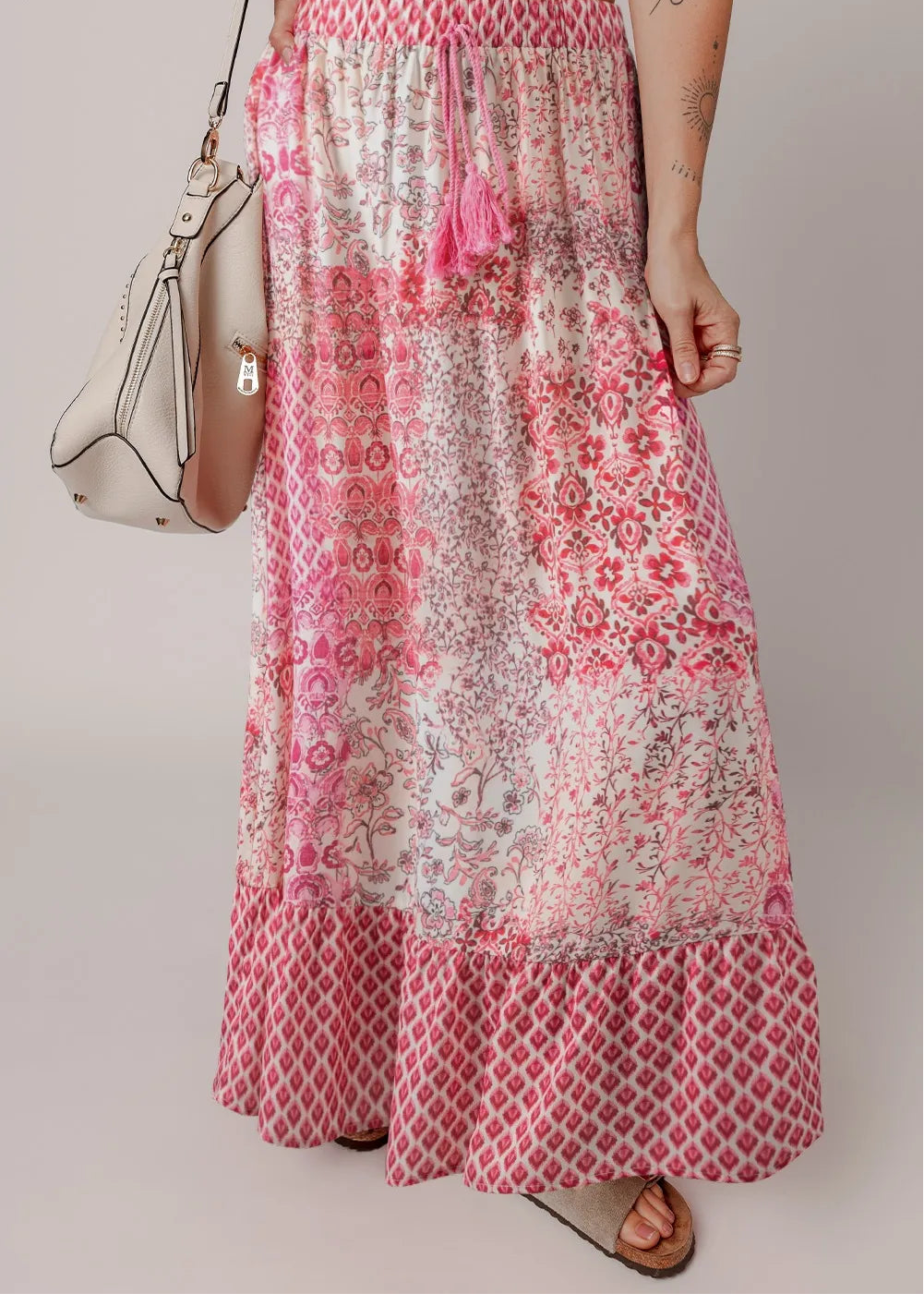 Printed Tassel Drawstring High Waist Maxi Skirt