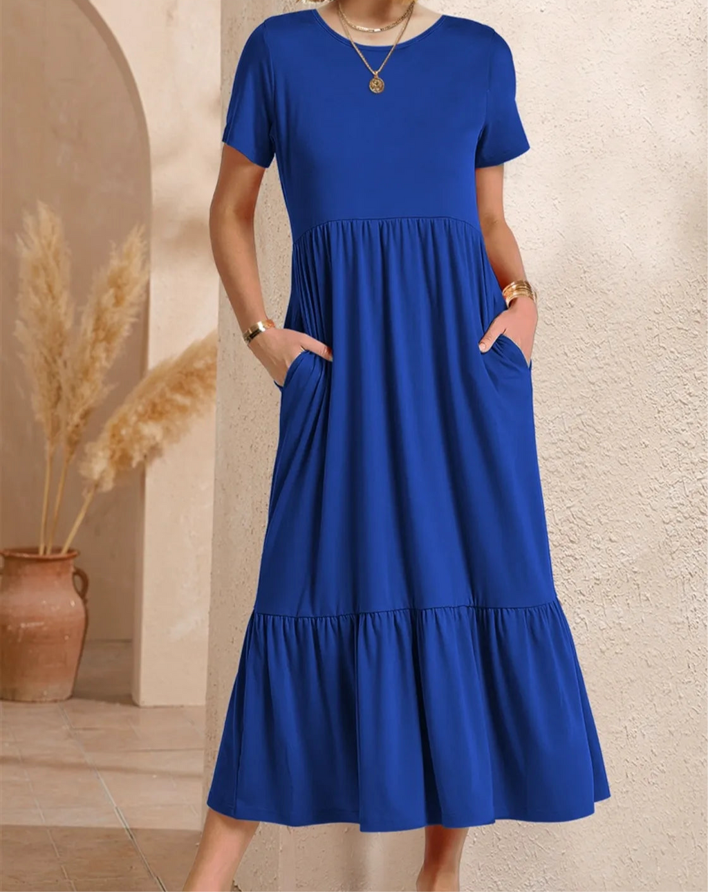 Round Neck Short Sleeve Dress with Pockets