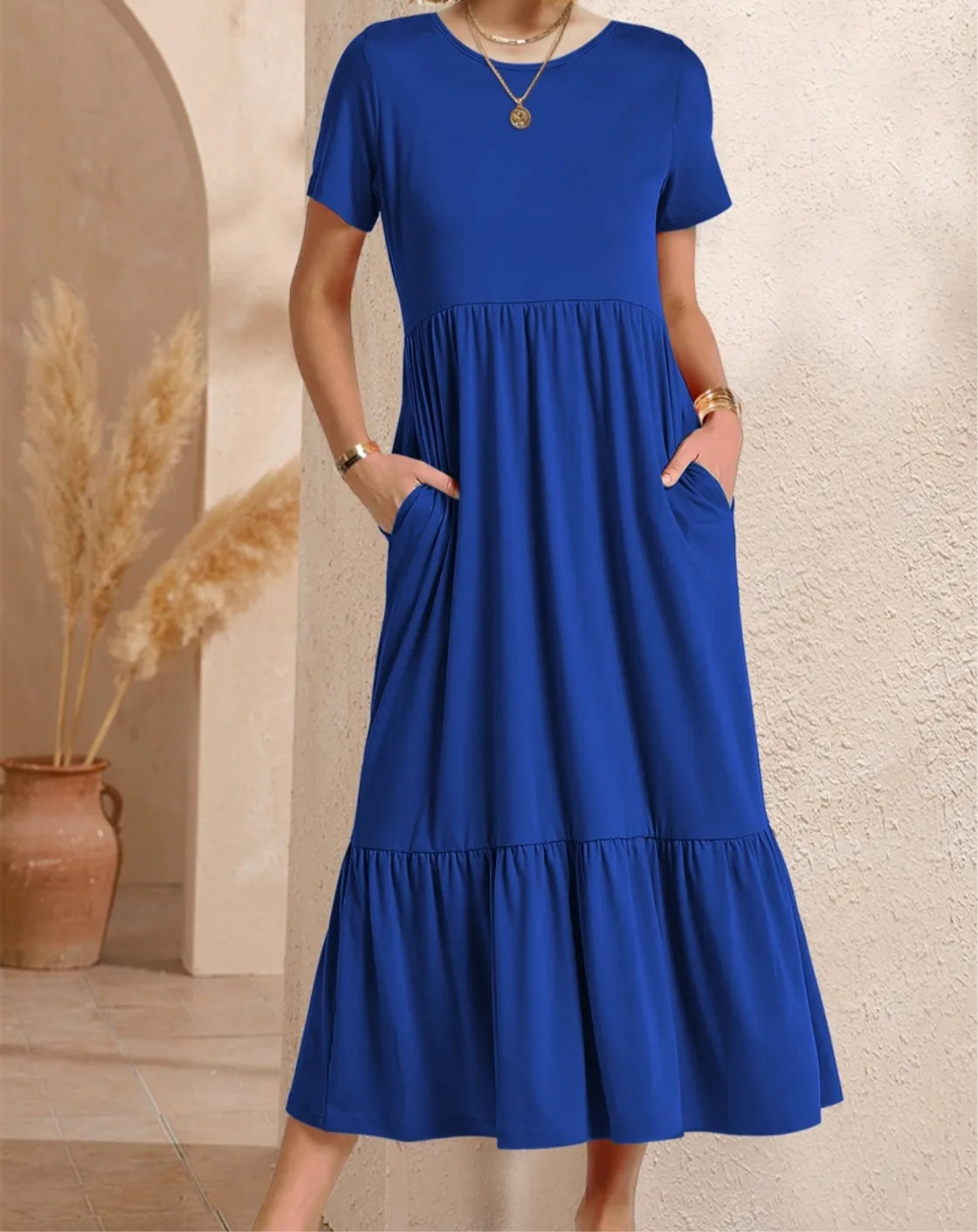 Round Neck Short Sleeve Dress with Pockets