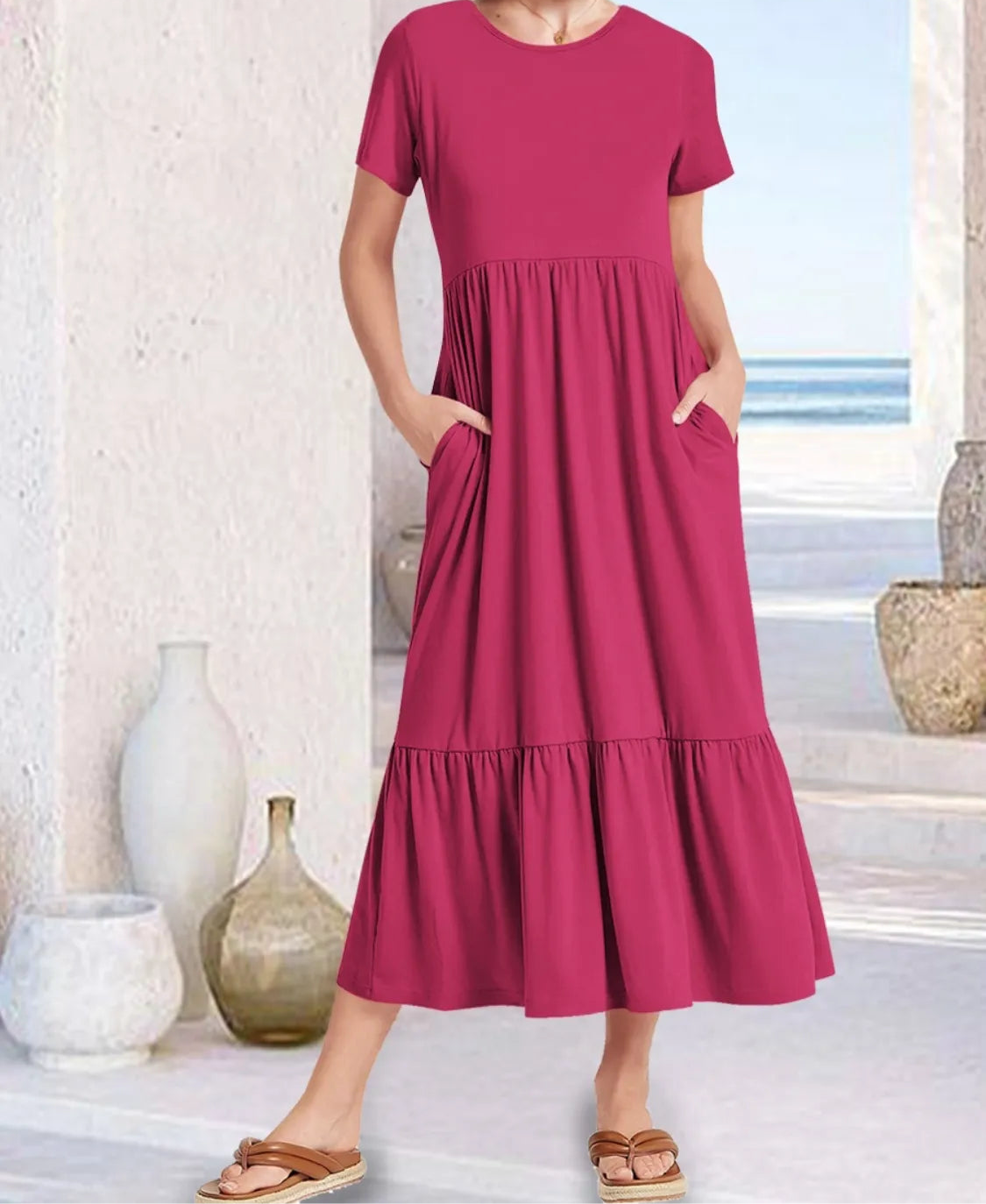 Round Neck Short Sleeve Midi Tee Dress