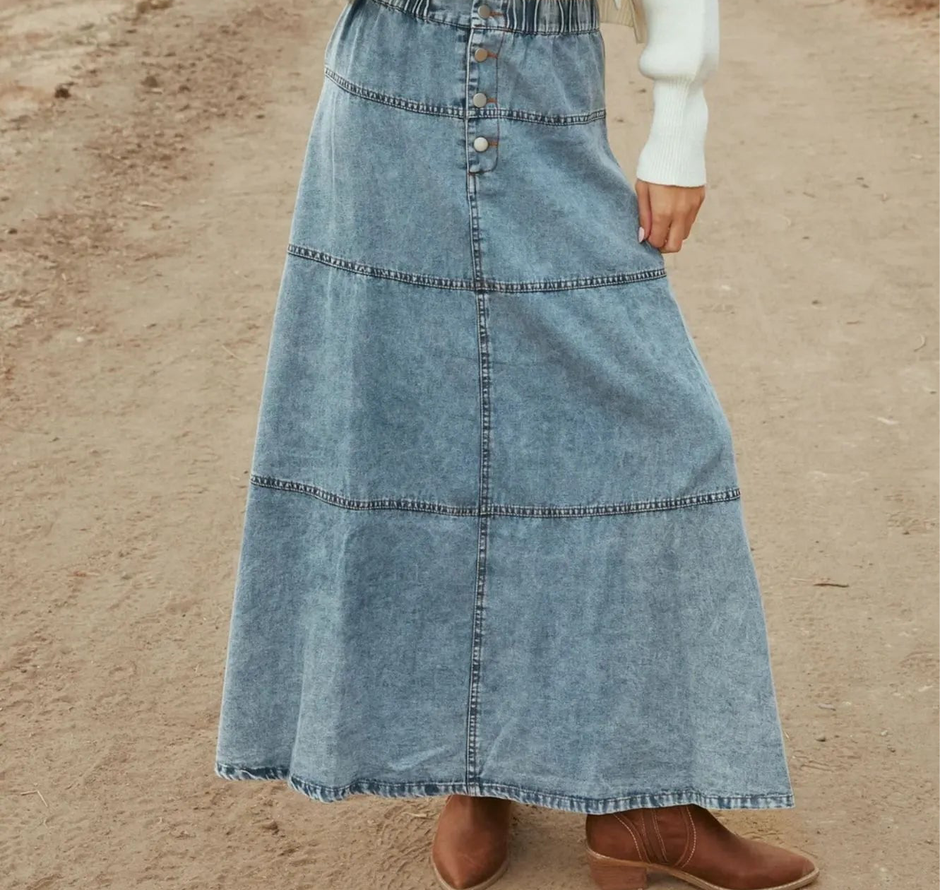 Button-Front Tiered Maxi Denim Skirt