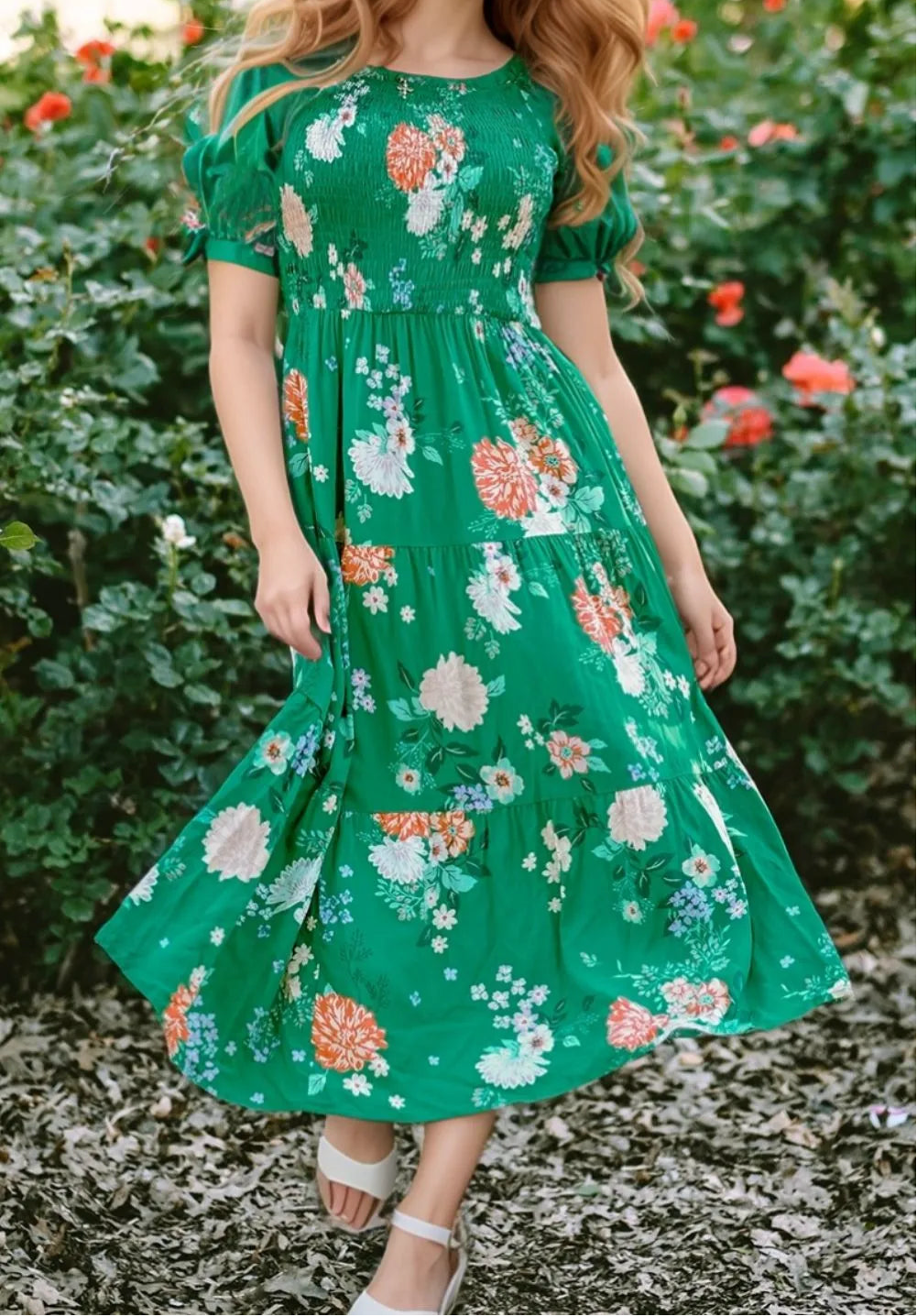 Floral Print Bubble Sleeve Smocked Tiered Midi Dress