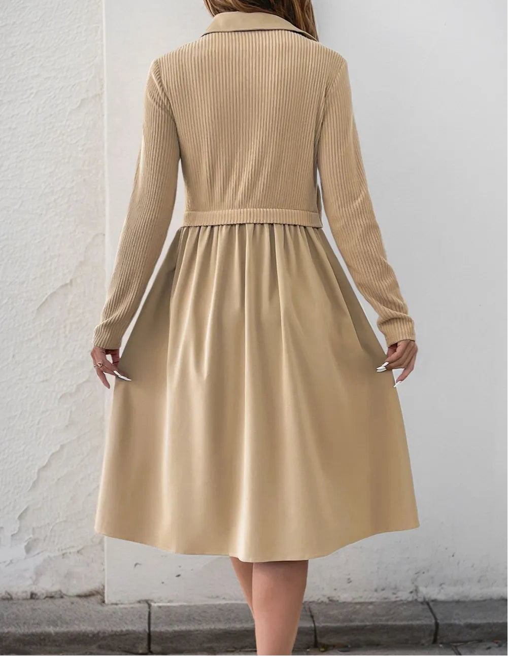 Perfee Fake Two Piece Collared Neck Long Sleeve Midi Dress
