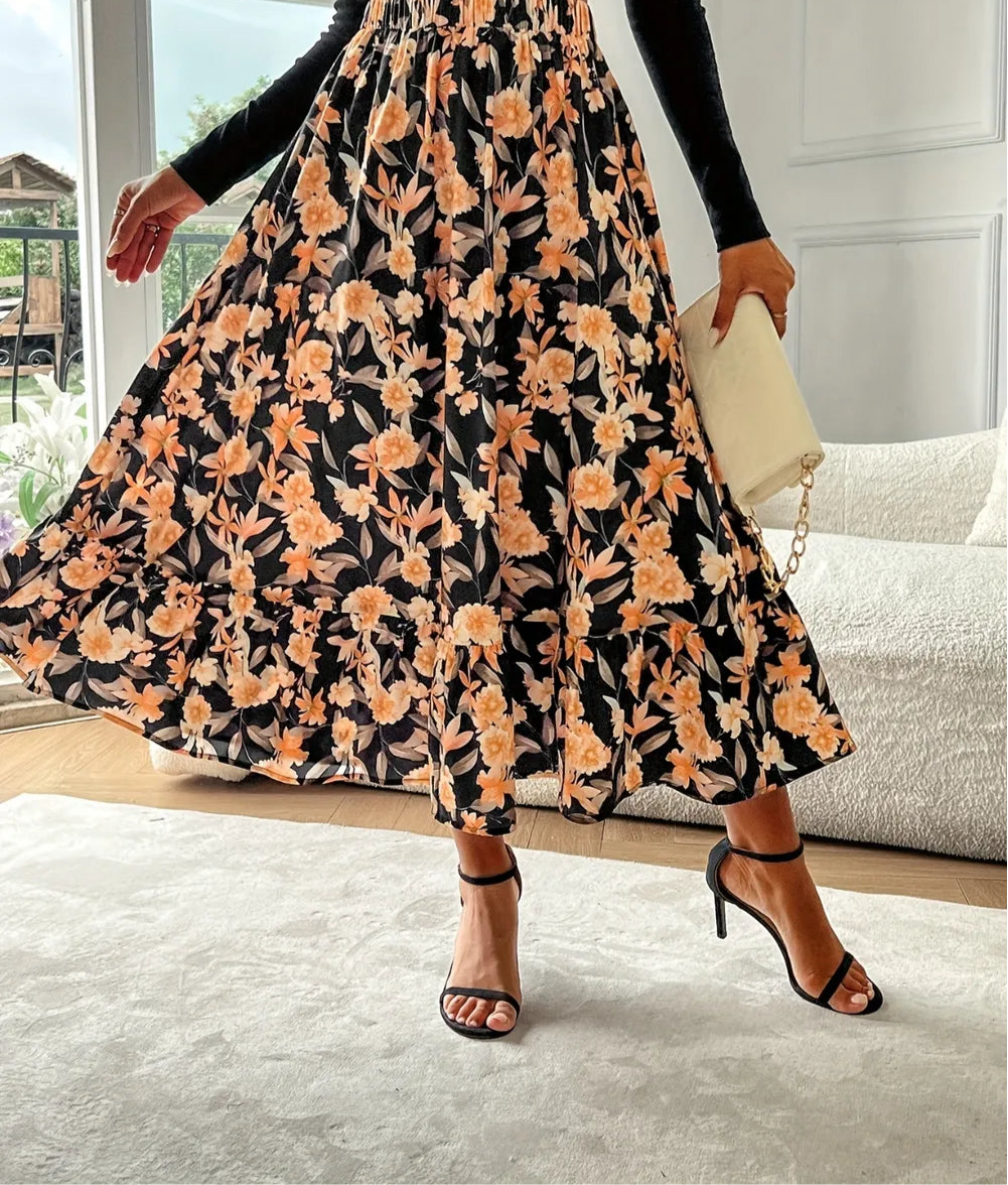 Floral Elastic Waist Midi Skirt