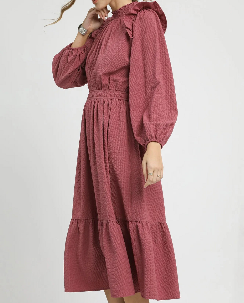 Textured Midi Dress with Ruffle Shoulder Detail