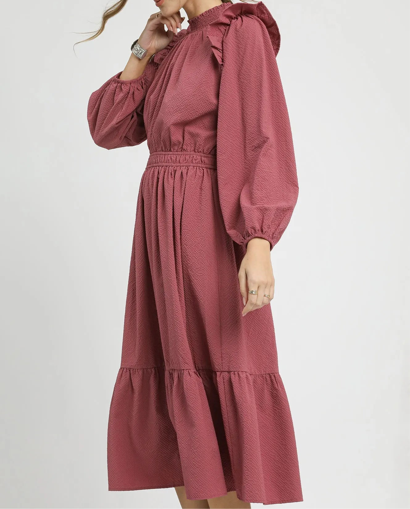 Textured Midi Dress with Ruffle Shoulder Detail