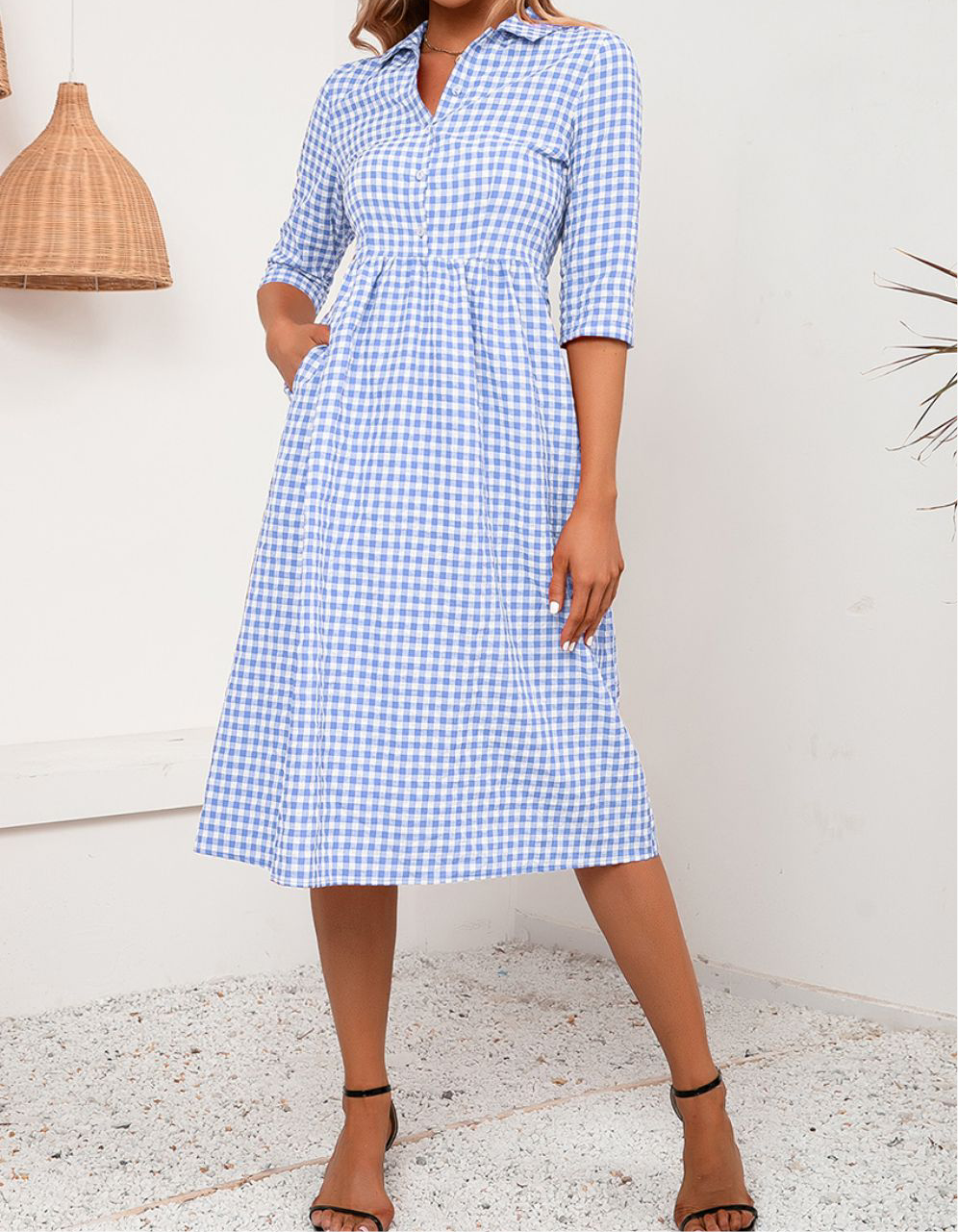 Plaid Collared Neck Midi Dress