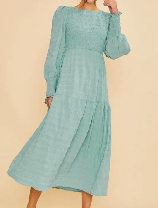 Textured Smocking Bodice Tiered Midi Dress