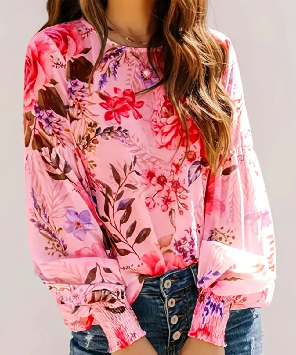 Smocked Printed Round Neck Lantern Sleeve Blouse