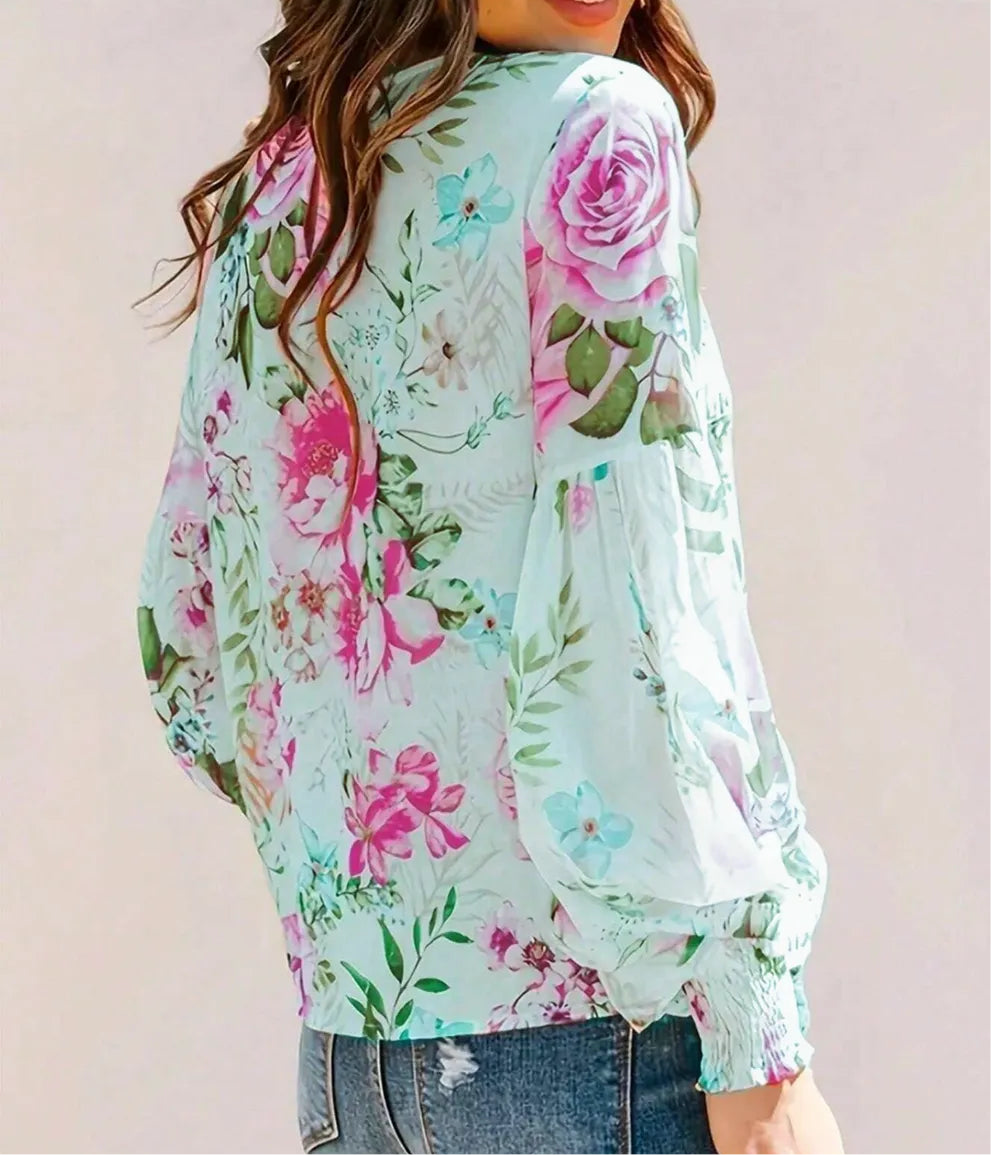 Smocked Printed Round Neck Lantern Sleeve Blouse