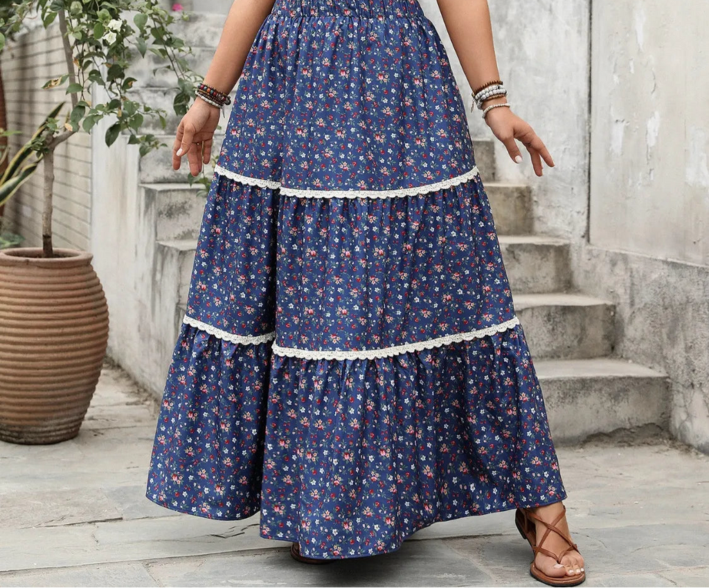 Plus Size Floral Elastic Waist Maxi Skirt