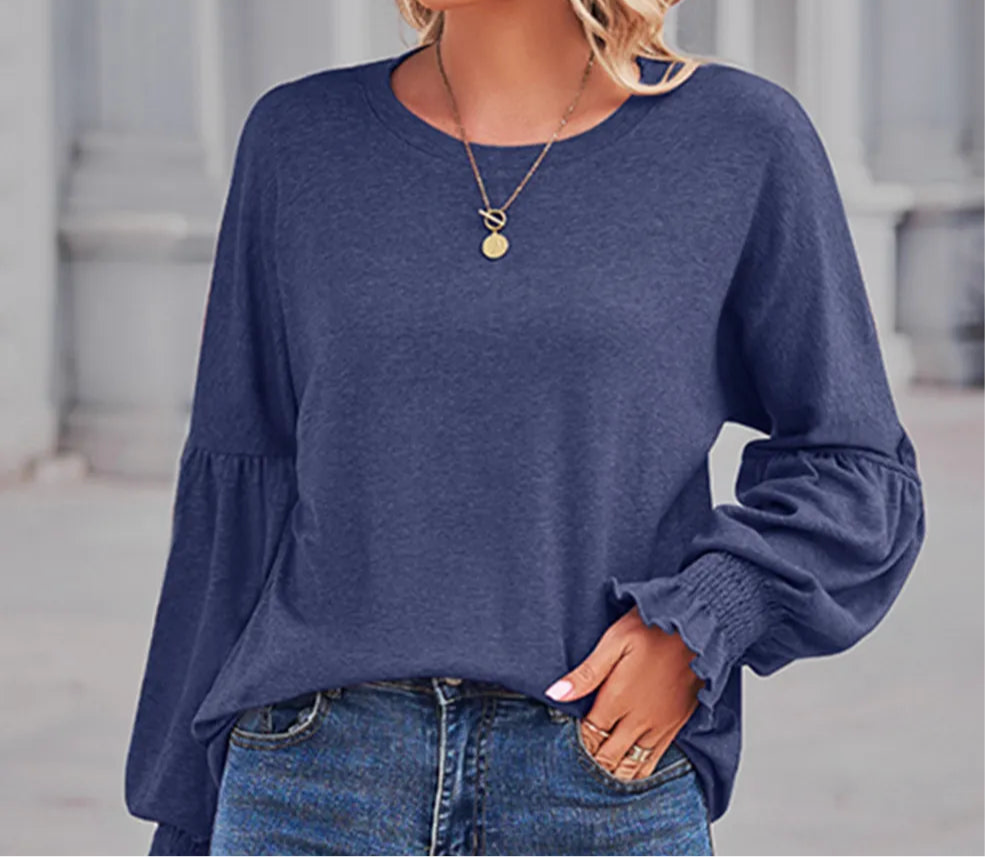 Round Neck Flounce Sleeve Blouse