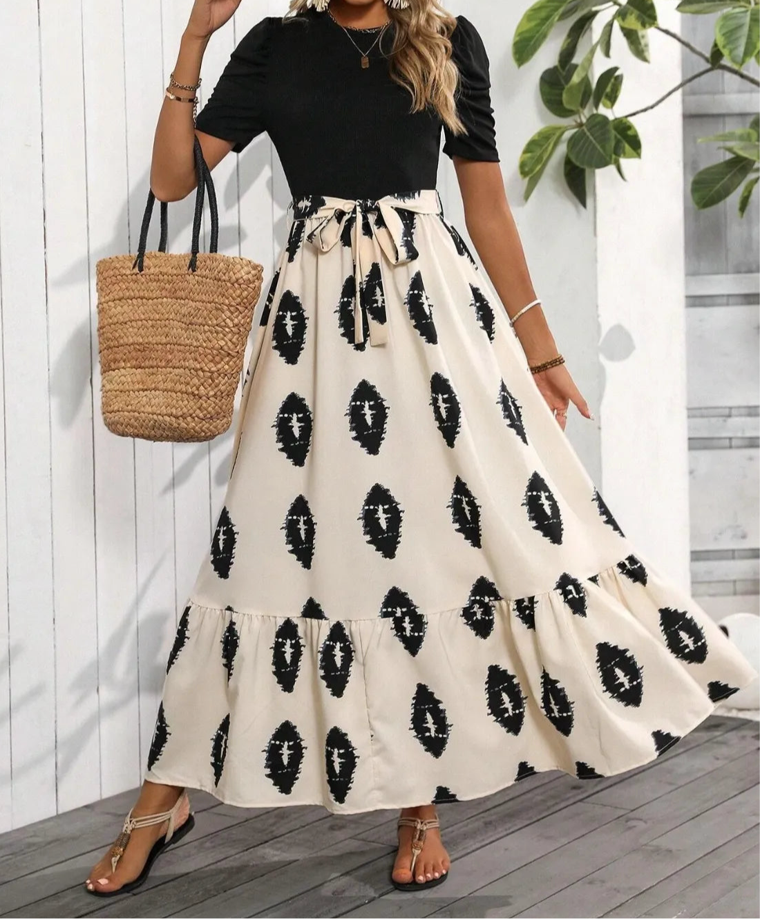 Printed Tie Waist Short Sleeve Maxi Dress