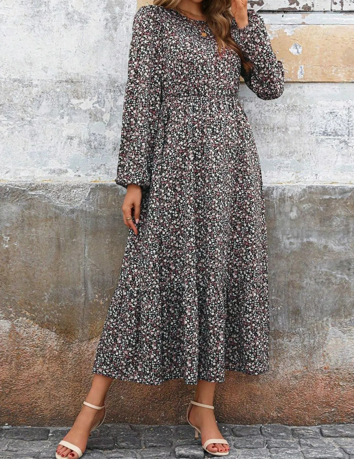 Printed Long Sleeve Midi Dress with Elastic Waist