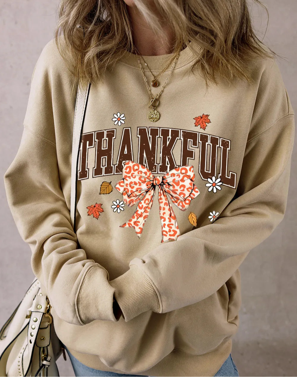 THANKFUL Bow Round Neck Long Sleeve Sweatshirt